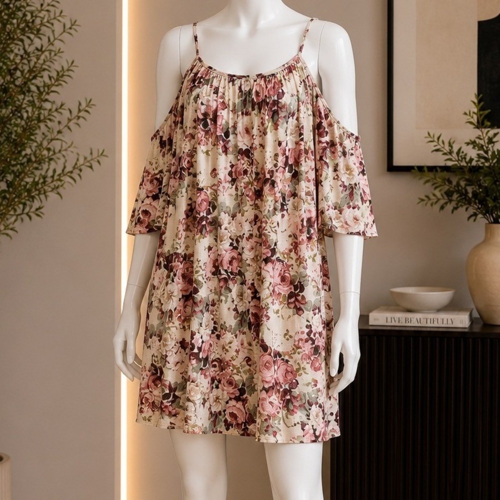 Obsession Womens Cold Shoulder Dress Floral Pink Cream Boho Mini Size M
